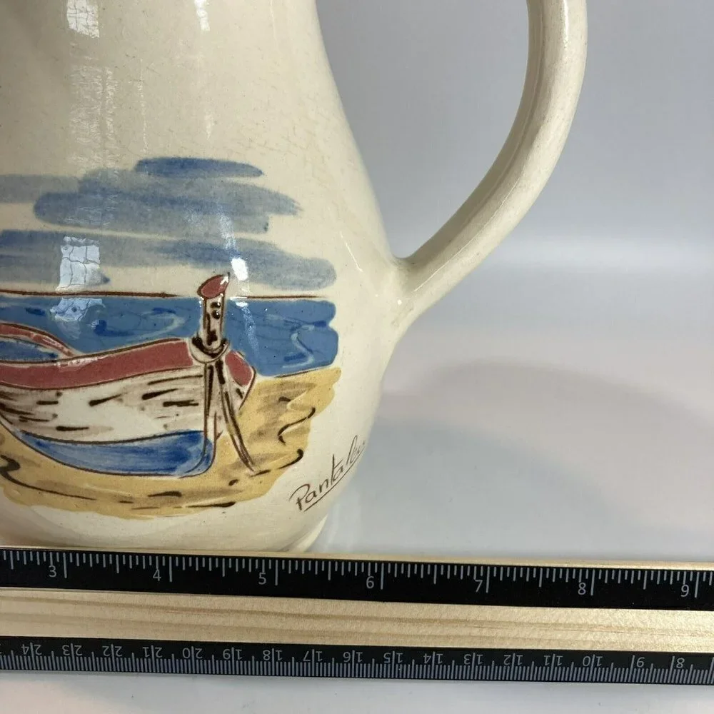 Ceramiques Signed Pantaleu Pitcher Vase Spain Glazed Cream Blue Beach‎ Scene